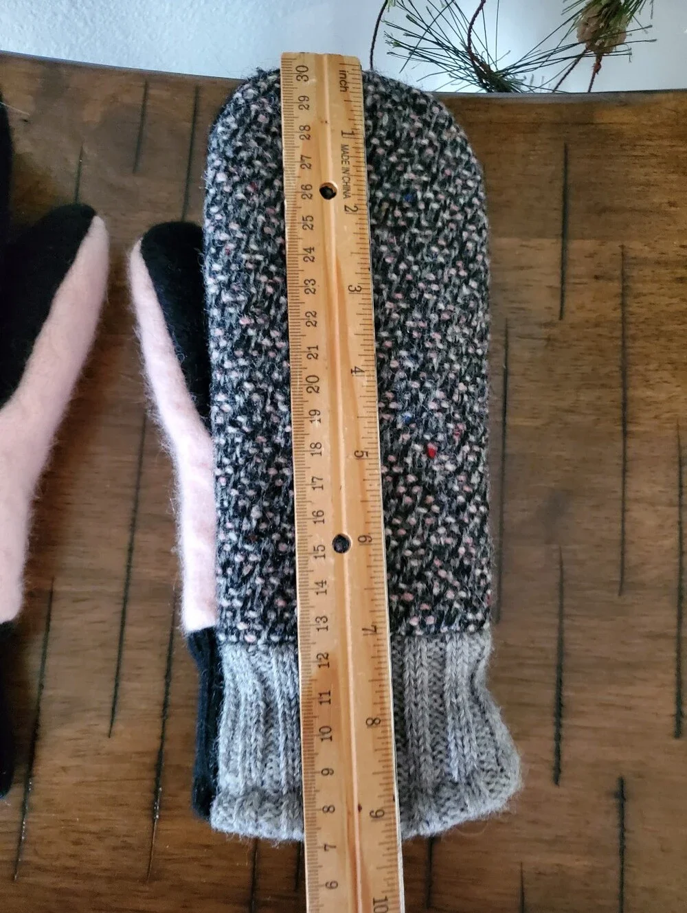Upcycled Tweed Wool Mittens Flannel Lined Gray Pink Black Cozy Handmade